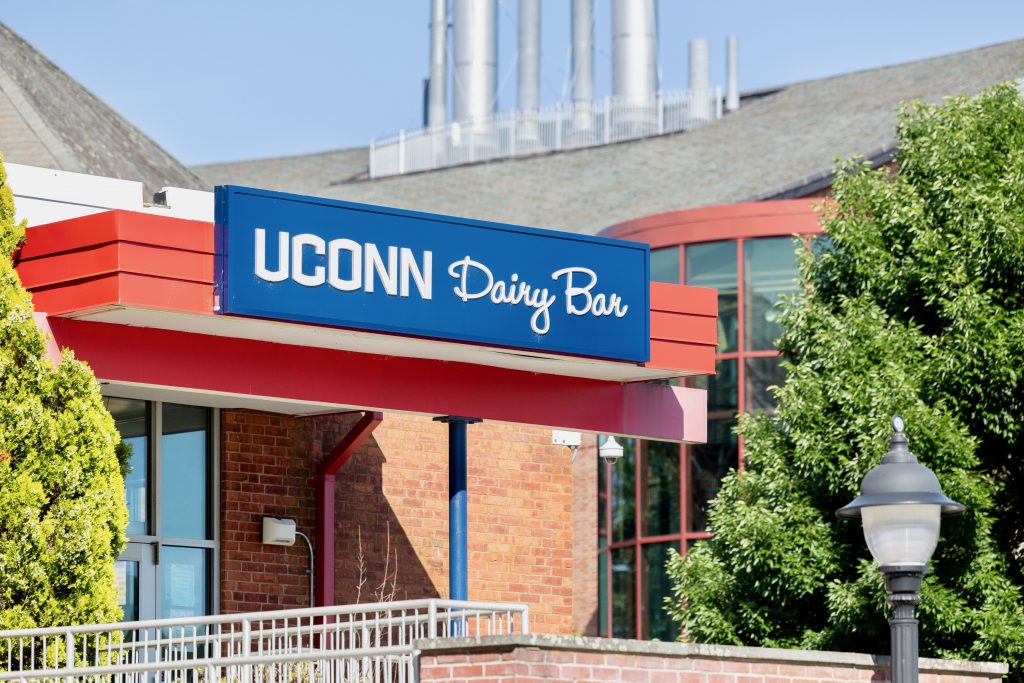 The steps to the UConn Dairy Bar are depicted, with the ABL building shown in the background. 