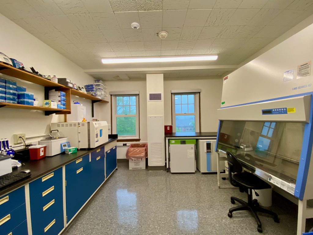 The Disinfection & Toxicology Lab is shown in this photo. It is a small lab, featuring a bench top to the left cluttered with equipment, and a biosafety cabinet to the right.